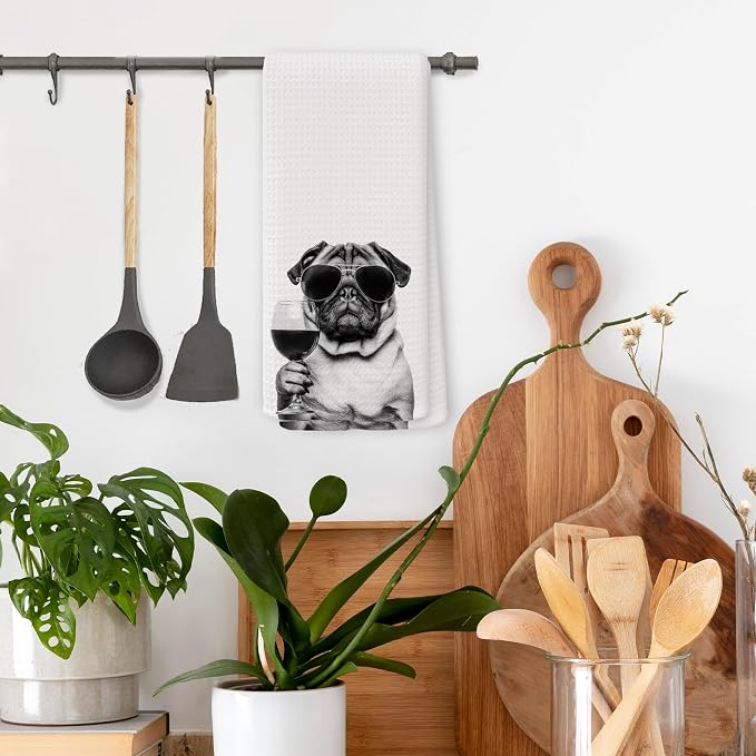 Funny Pug Wine Kitchen Towels, Gifts for Dog Wine Lovers, Bar Accessories Dish Tea Towels for Kitchen, Dog Owners Housewarming Gift Decorative Hand Towel 16x24 Inch