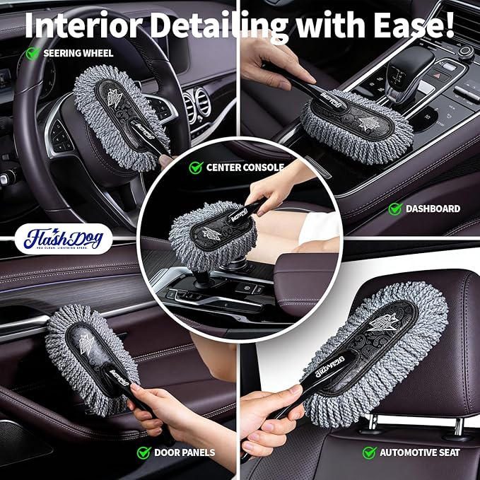 Flash Dog Car Duster Exterior with Car Duster Interior Wax Cotton Hair Scratch Free Cleaning for Cars, SUVs, Trucks | Waterless Dust Remover & Detailing Brushes Set with Storage