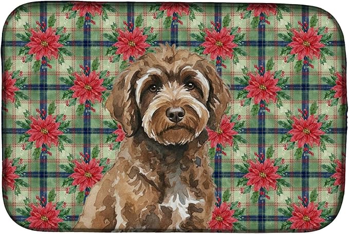 Caroline's Treasures Brown Portuguese Water Dog Christmas PoinsettIas Dish Drying Mat Absorbent Dish Drying Mat Pad for Kitchen Counter Dish Drainer Mat for Countertop, 14 x 21", Multicolor