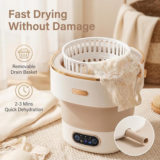 Portable Collapsible Mini Washer with 3 Cleaning Modes & Drain Basket, 16L Foldable Small Laundry Machine for Travel Camping Dorms RV Apartments, Baby Clothes Underwear Socks Delicates (khaki)
