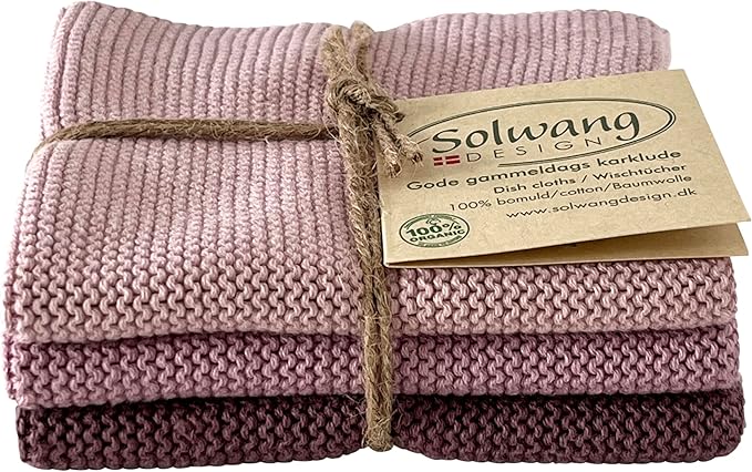 Solwang 3-Piece Danish Cotton Dishcloths in 100% Certified Organic Cotton Made in India (Orchid Organic Combi)