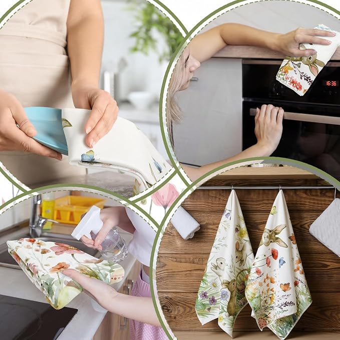 Tegeme 4 Pcs Spring Bunny Wildflowers Kitchen Towel Retro Vintage Flowers Dish Towels 18 x 26 Inch Floral Decorative Hand Tea Towel for Bathroom Baking Cooking Cleaning Holiday Party Supplies