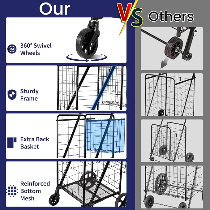 BIEAMA Folding Shopping Cart with Waterproof Liner, Grocery Cart 400 Lb | Utility Cart with Large Bag, Top Cover, 360 Rolling Swivel Wheels, Extra Basket