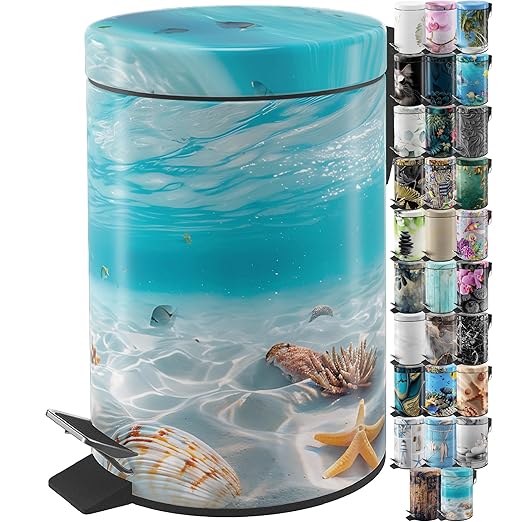 Sanilo Small Bathroom Trash Can with Lid [1.3 Gallon] - Lidded Tiny Trashcan for Garbage - Mini Metal Bin with Soft Closing Mechanism - Bath Room Accessoire Wastebin with Inner Bucket (Waterworld)