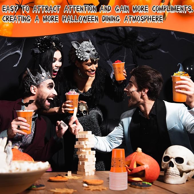 Jingmore 50 Pcs Halloween Plastic Cups, 16 oz Orange Party Disposable Cups Hot Cold Drinks Cups for Party Decoration Supplies Party Favors