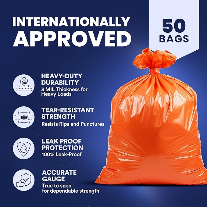 Plasticplace 42 Gallon Trash Bags |3.0 Mil | Orange Heavy Duty Contractor Trash Bags | 33" x 48", 50 Count (Pack of 1)