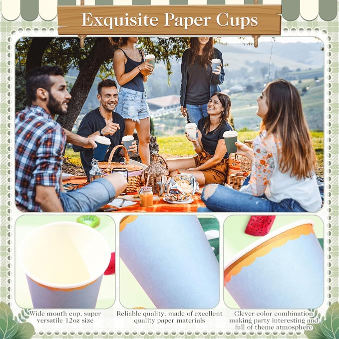 Willinglong 60 Pcs Fall Disposable Paper Cups with Lids 12oz Thanksgiving Coffee Cups with Golden Lace Drinkware for Birthday Baby Shower Bride Holiday Party Business Events DIY Supplies(Dusty Blue)