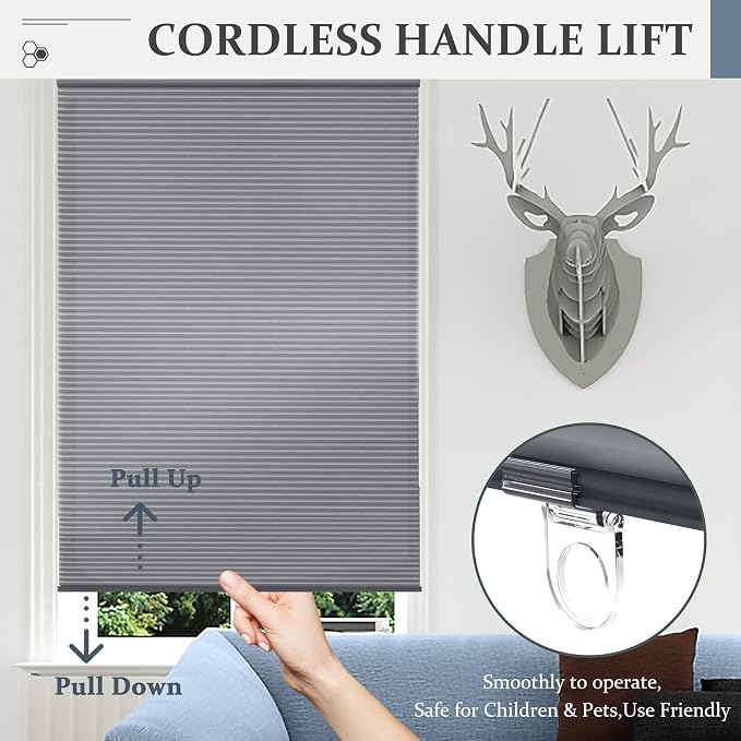 Cellular Shades, Blackout Blinds, Cordless Polyester Honeycomb Blinds for Windows, Room Darkening, Pleated Window Shades for Bedroom, Home, Bathroom, Office, Kitchen, 20" W X 48" H, Grey