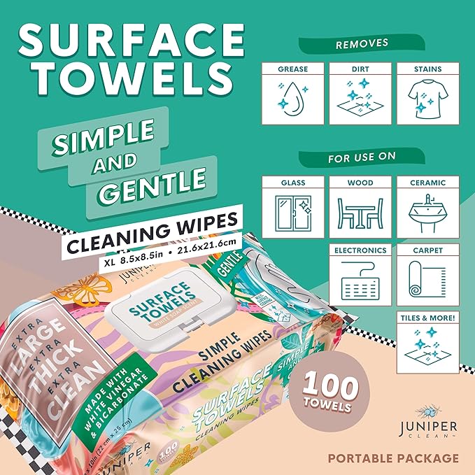 Juniper CLEAN Single Surface Cleaning Wipes, Thick & Large Dispose, All-Purpose Cleaner for Bathroom, Kitchen, Office, 100 Count Soft Flow, Biodegradable, White Soap Scent