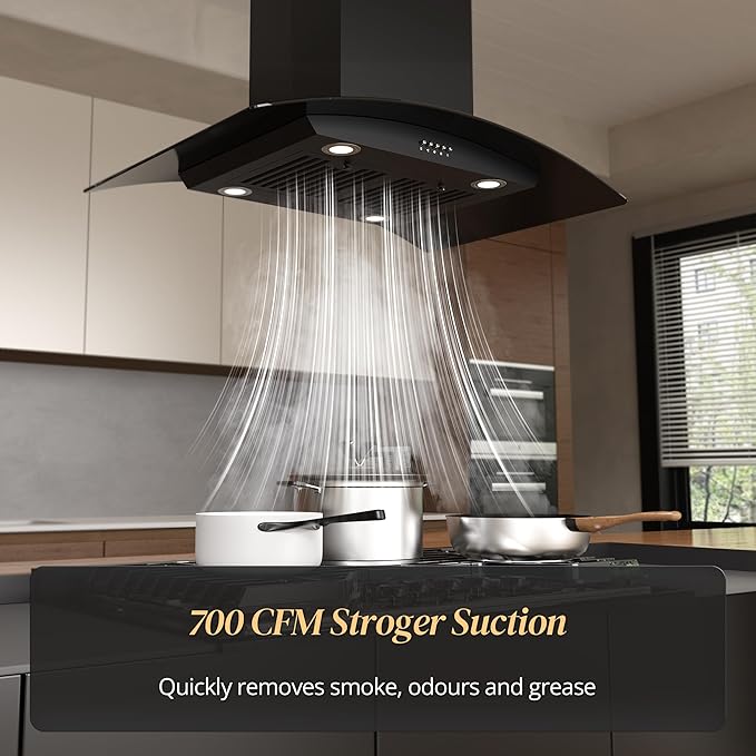 FIREGAS 36 inch Island Range Hood 700 CFM, Ducted/Ductless Convertible Stove Hood3-Speed Fan, LED Lights, Button Control Ceiling Mount Range Hood Vent for Kitchen