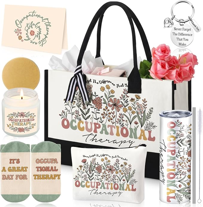 Patelai 7 Pcs Occupational Therapy Gifts for Women 2026 Ot Gifts with 20 oz Tumbler Canvas Tote Bag Makeup Bag Occupational Therapist Speech Appreciation Gift Set for National Ot Month