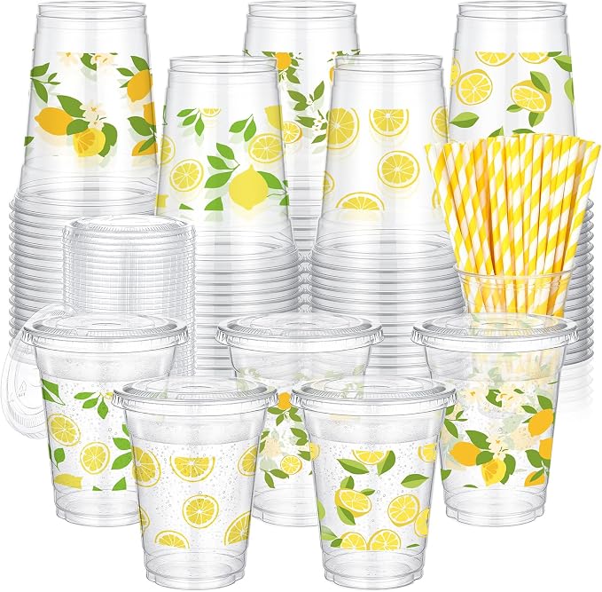 FoldTier 100 Pcs Lemon Plastic Cups with Lids and Straws 12oz, Disposable Lemon Drink Stand Cups for Birthday Wedding Bridal Baby Shower Supplies Summer Citrus Fruit Party Decorations