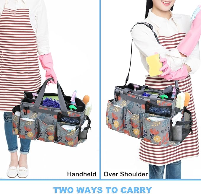 Wearable Cleaning Caddy Bag, Kitchen Supplies Organizer with Handle&Shoulder Strap, Under Sink&Car Cleaning Tool Tote with 4 Foldable Dividers for Housekeepers Cleaners (Grey Floral)