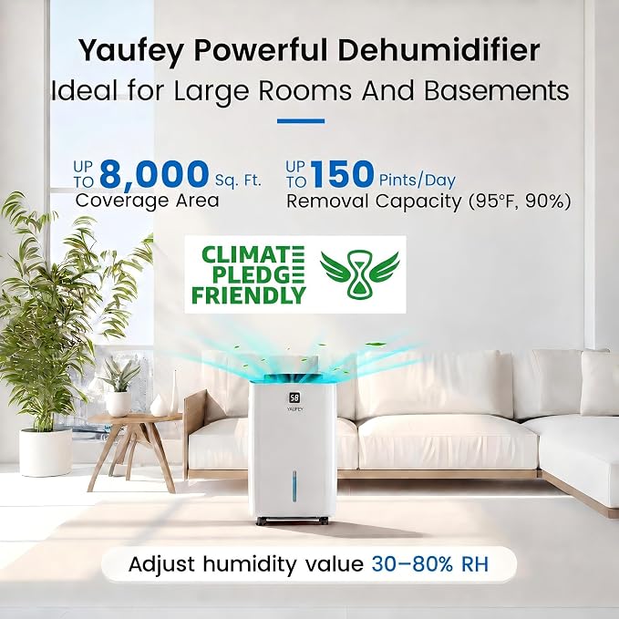Yaufey 150 Pints Dehumidifier for Home, Basement and Large Room up to 8000 Sq. Ft., with Drain Hose, Timer, Intelligent Humidity Control and Large Water Tank