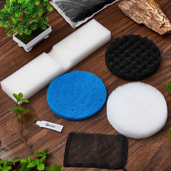 Threlaco 34 Pcs Aquarium Filter Media Kit Compatible with Fluval Fx2 Fx4 Fx5 Fx6, Including 6 Foam Block, 6 Packs Activated Carbon, 4 Mesh Bags, 10 Foam Pads, 6 Water Polishing Pads, 2 Silicone Lube