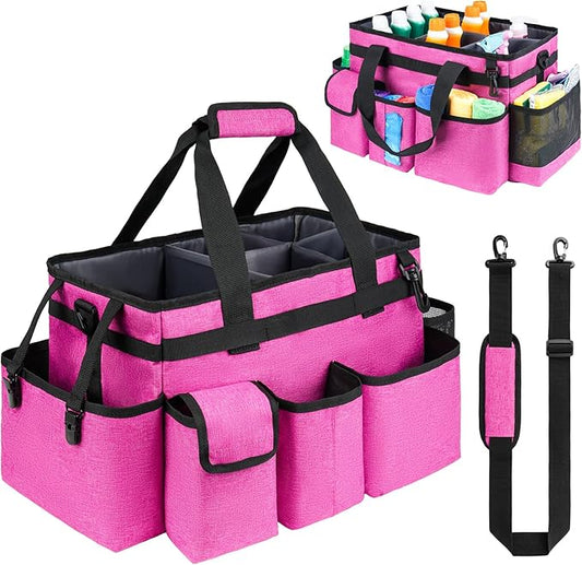 Cleaning Caddy Bag,Large Cleaning Supplies Organizer with Handle for Housekeepers,Rose Red
