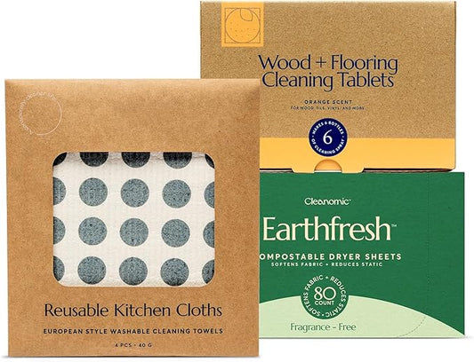 CLEANOMIC Reusable Kitchen Cloth, Wood and Flooring Cleaning Tablets & Fabric Softener Sheets Bundle