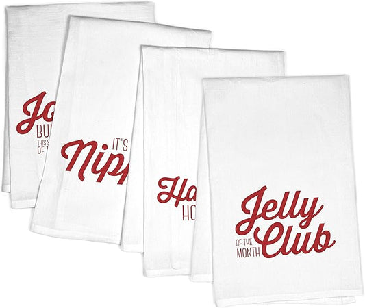 Christmas Kitchen Towels - Set of 4 Holiday Flour Sack Dishcloths – Jolliest Bunch of A-Holes, Jelly of The Month Club, It’s a Bit Nipply, Hallelujah Holy Sh*t