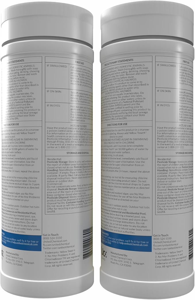 United Chemicals YellowTreat Mustard Algaecide for Swimming Pool – Super Strength Algae Killer for Mustard & Yellow Algae in Saltwater & Chlorine, Above & Inground Pool Treatment | YT2-2LB-C2