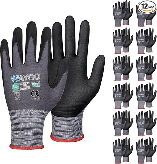 KAYGO Safety Work Gloves MicroFoam Nitrile Coated, 12 Pairs KG18NB,Seamless Knit Nylon Glove for Men and Women, Ideal for Automotive,Warehouse,Construction (Small,Gray)