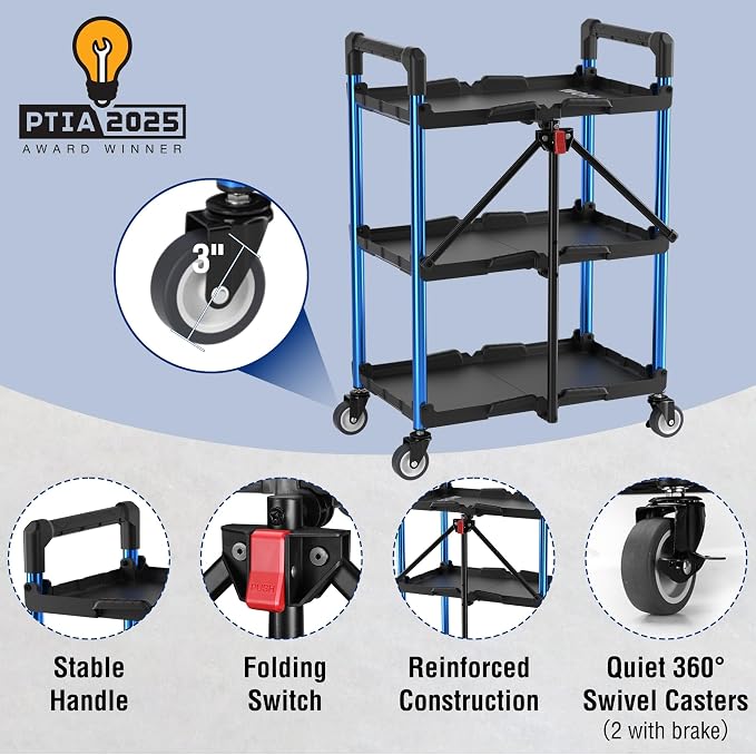 WORKPRO 3-Tier Collapsible Service Cart, Black/Blue, 210 LBS Foldable Utility Cart with Wheels, Portable Rolling Tool Cart for Garage, Warehouse, Home, Restaurant and Office (No Assembly Required)