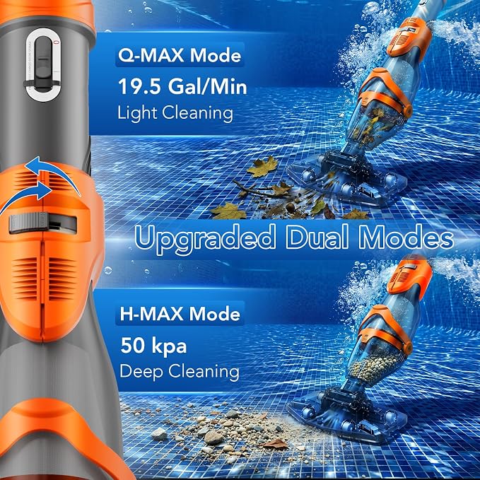 (2026 Upgraded) COWSAR Cordless Pool Vacuum, 19.5 GPM/50kPa Dual Modes Powerful Suction, 13.4" Wider Head & 70.9" Telescopic Pole, 1H Runtime