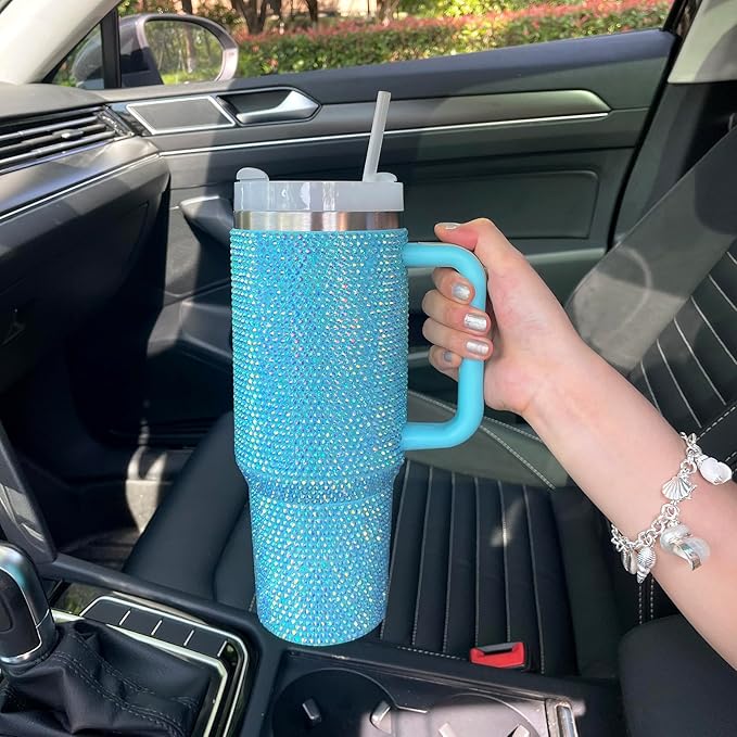 40oz Bling Tumbler with Handle and Straw Lid Rhinestone Studded Tumbler Cups Vacuum Insulated Stainless Steel Double Wall Water Bottle Travel Mug Gifts for Women Her (Blue)