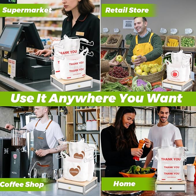 Plastic Grocery Bag Holder with Drawer, Metal Plastic Bag Organizer, Detachable Trash Bags Holder Dispenser Storage for T-Shirt, Shopping Bags, for Groceries Store, Supermarket (White)