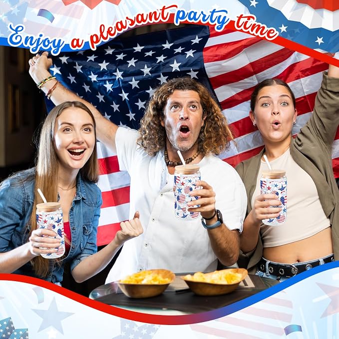 Sliner 2 Pcs Patriotic Glass Cups 4th of July Gifts Tumbler with Lid Straw American Flag Star Iced Coffee Cup 16 oz Red White Blue Drinking Glasses for Women