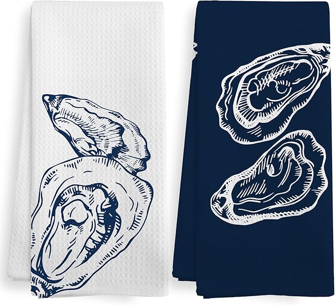 Coastal Oyster Beach Decor Dish Hand Tea Towels for Bathroom Kitchen, Oyster Shell Ocean Beachy Bathroom Decor Gifts, Navy Blue Nautical Summer Kitchen Towels and Dishcloths Sets of 2,16x24in
