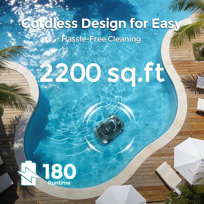 C5 Robotic Pool Cleaner, Cordless Pool Vacuum for Above-Ground & Inground Pools up to 2,200 Sq.Ft, Strong Suction, 180-Min Runtime, Smart Auto-Parking & 2.7L Large Debris Basket (Dark-Green)