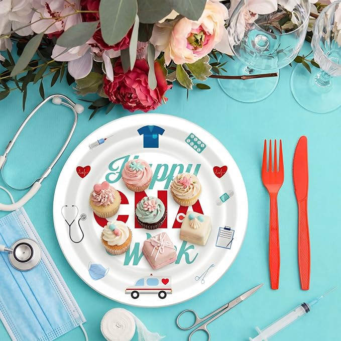 Remerry 96 Pcs Happy Cna Week Party Supplies Nurse Appreciation Plates and Napkins Set Decoration We Love Our Cnas Disposable Plates Thank You for All You Do Party Decoration