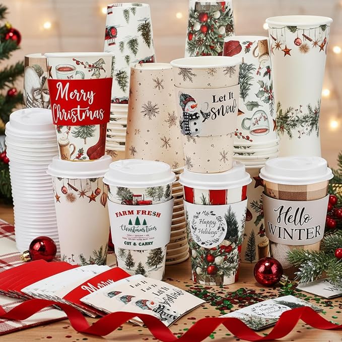 36 Sets/ 108 Pcs Christmas Tree Paper Cups 16 oz Disposable Coffee Cups with Lids and Sleeves Xmas Hot Cocoa Coffee Mug for Cold Drinks Hot Chocolate Christmas Party Supplies