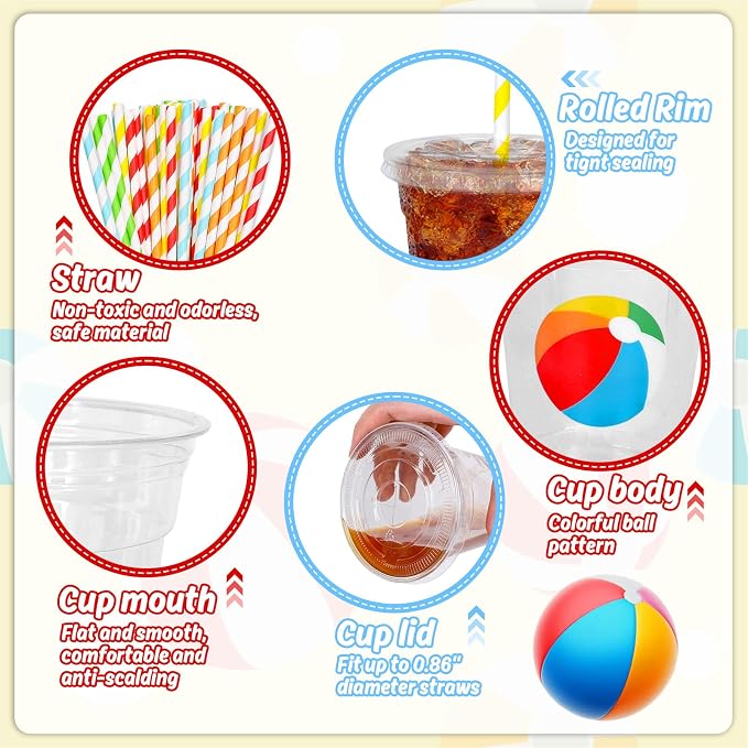 Whaline 50Pcs Beach Ball Disposable Plastic Cups with Lids and Straws 12Oz Summer Pool Ball Cold Beverage Drinking Cup for Beach Pool Birthday Party Supplies