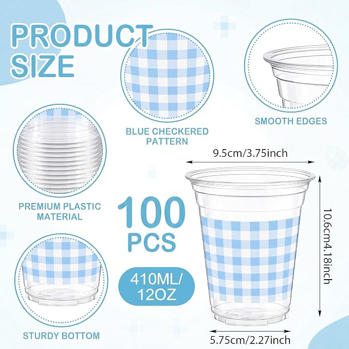 Qinyoung Checkered Plastic Cups 12oz Gingham Party Disposable Cups Bulk Drinking Cup for Cold Drinks Baby Shower Wedding Summer Birthday Party Supplies(Blue and White,100 Pcs)