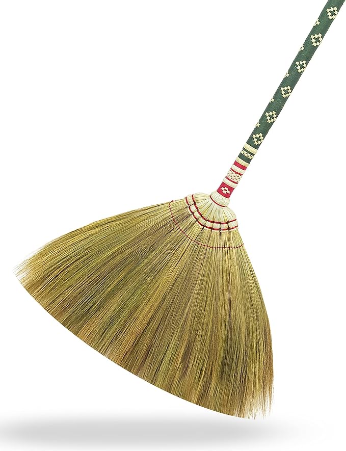 Natural Grass Thai Broom for Sweeping Vintage Retro, Handmade Broom,Witch Broom,Durable Broom for Indoor & Outdoor,Broomstick Bamboo Stick Long Handle (Turquoise)