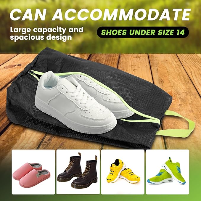 2 Pack Smell Proof Shoe Cleat Bags for Travel, Water-Resistant Golf Shoe Bags with Zipper and Handle, Odor Eliminating Athletic Shoe Bags for Gym Sports Travel, Black