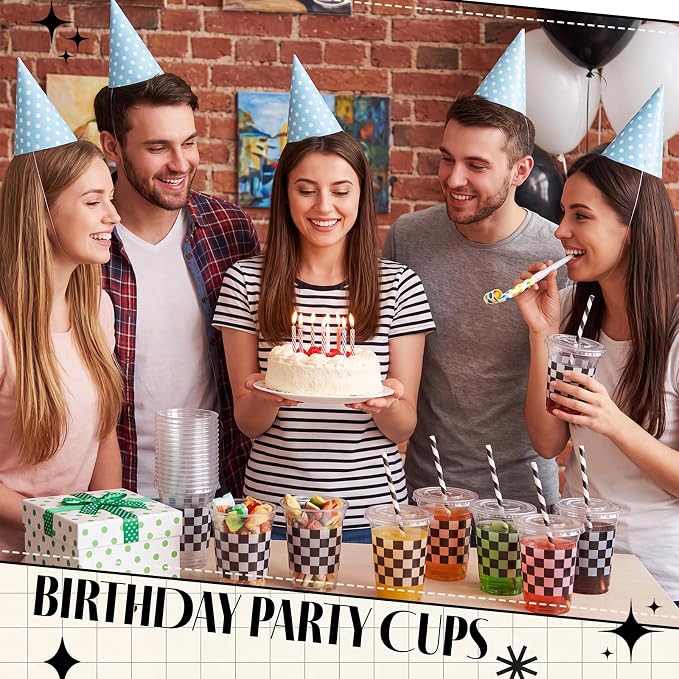 Domensi 25 Sets Checkered Plastic Cups with Lids and Paper Straws 12oz Black and White Disposable Drinking Cups Bulk for Cold Drinks Baby Shower Wedding Race Car Theme Birthday Party Supplies