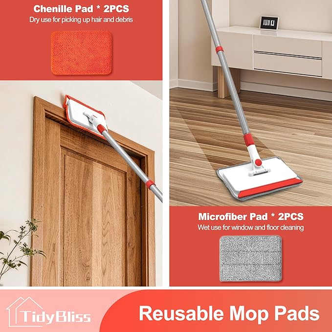 Baseboard Cleaner Tool with Handle, 55.9” Long Wall and Base Board Cleaning Mop, 4 Reusable Pads, 1 Stiff Bristle Scrubber Brush for Floorboard Ceiling Cabinet Window Bathroom Kitchen (Red)