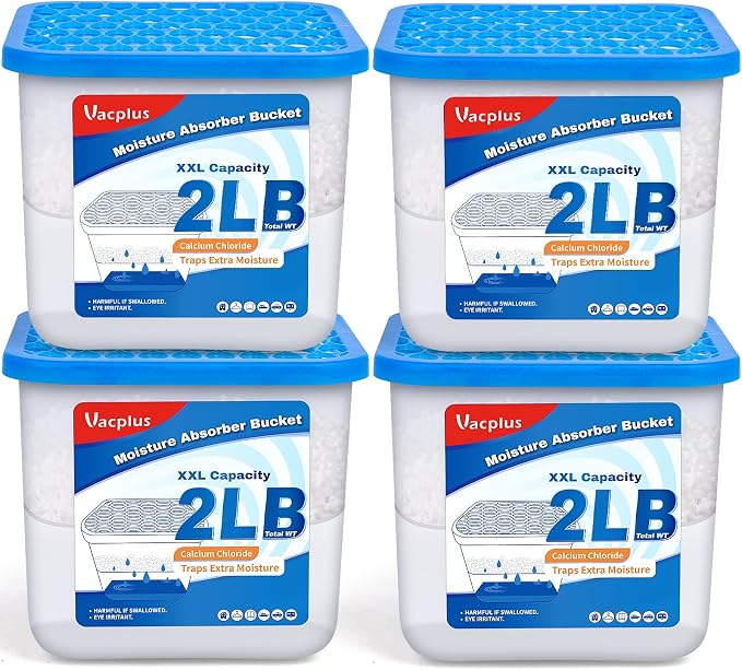Vacplus 2LB Moisture Absorber Bucket - Large Capacity Moisture Absorber with Calcium Chloride Crystals, Effective Dehumidifier for Basement, Closet & Bathroom, 4 Packs