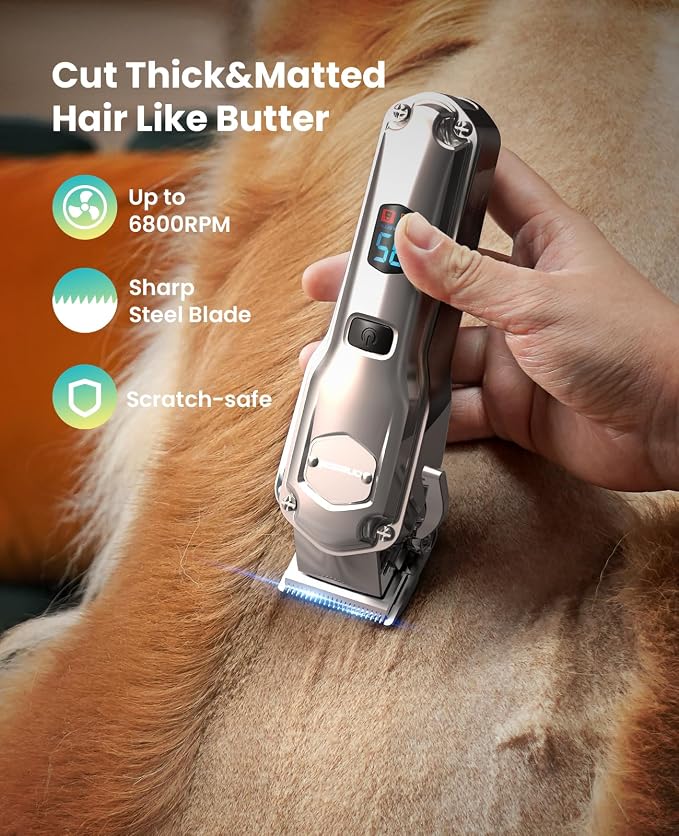 oneisall Dog Clippers for Grooming Thick/Heavy Coats, 4-in-1 Dog Grooming Kit Low Noise with Detachable Stainless Steel Blade, Cordless Paw Trimmer Pet Nail Grinder for Small & Large Dogs Cats Animals