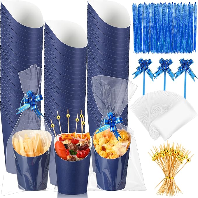 Bokon 100 Set 14 oz Charcuterie Cup with Stick and Bag, Disposable French Fries Snack Popcorn Dessert Fruit Holder for Birthday Wedding Graduation Party Supplies(Blue)
