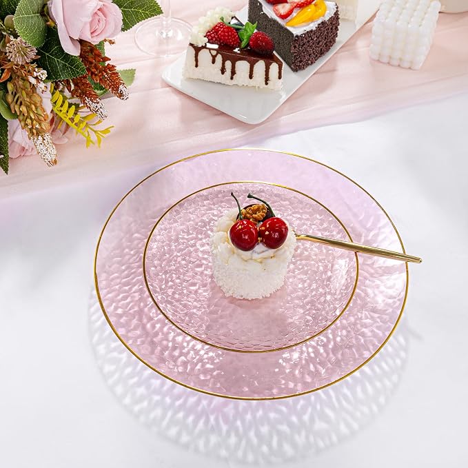 DaYammi 240Pcs Pink Plastic Plates Including 120Pcs Pink Dessert Plates and 120Pcs Gold Plastic Forks,Hammered Party Plate,pink and Gold Appetizer plates Heavy duty Disposable Cake Plate for Party