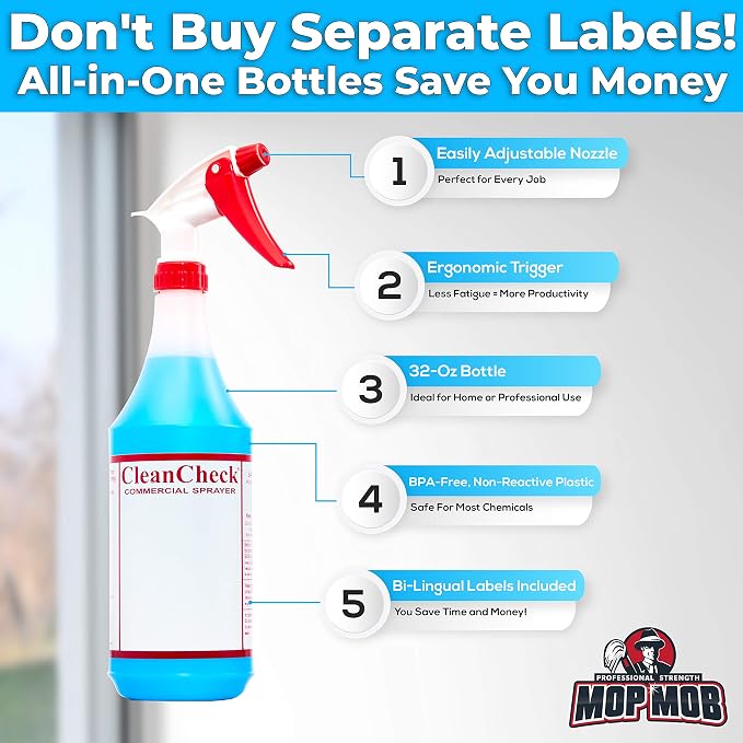 Extra Safe, Bilingual MSDS Spray Bottles 3 Pack. Large, Empty 32 Oz Bottle Perfect for Professional Cleaning Solutions, Sanitizers or Household Cleaners. Best Heavy Duty Plastic Bottle With Data Sheet