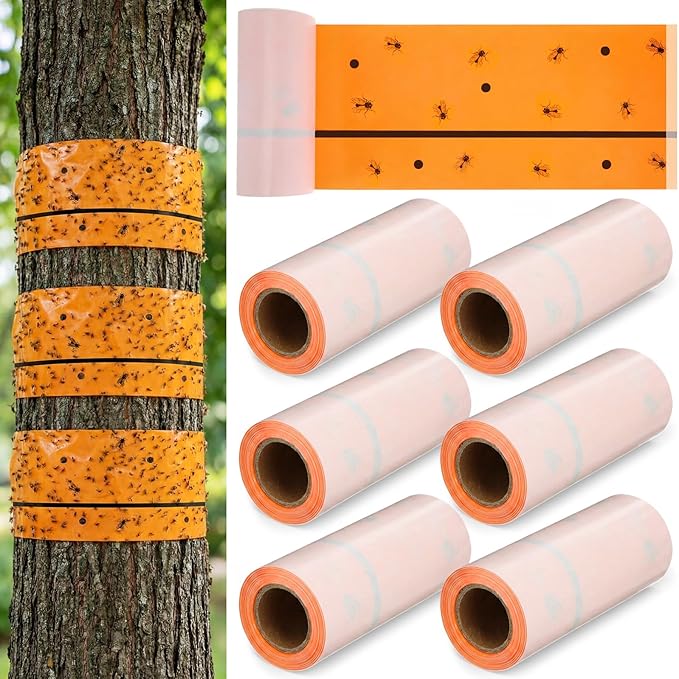 Qualirey 6 Rolls Spotted Lantern Fly Traps 30 Feet Each Roll Fly Tree Trap Sticky Strips Outdoor Fruit Glue Strips Disposable Tape Indoor Paper Sheets for Protecting Trees (Orange)