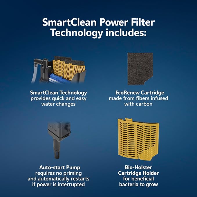 Aqueon SmartClean Power Filter with EcoRenew Filter Cartridge, Quick and Easy Water Changes, Quiet Operation, Adjustable Flow, for 50-90 Gallon Freshwater and Saltwater Aquariums, Large
