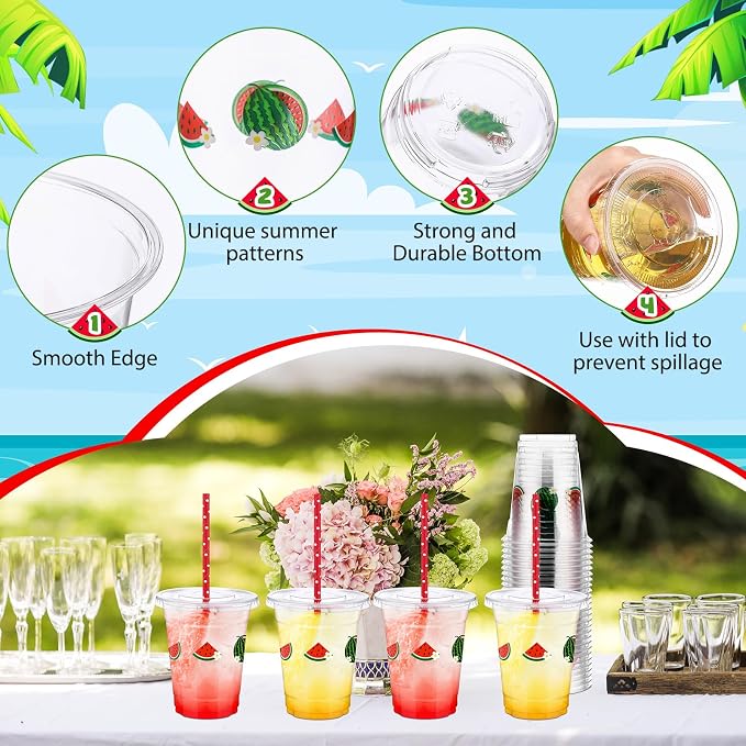 Blushtier 100 Set 12 oz Watermelon Disposable Plastic Cups with Lids and Straws Transparent Orange Watermelon Party Cups for Juice Water Coffee Tea Birthday Summer Fruit Party Supplies