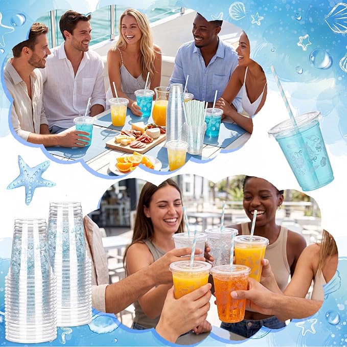 Domensi 25 Sets Seashell Themed Plastic Cups with Lids and Paper Straws 12oz Blue Ocean Disposable Drinking Cups Bulk for Cold Drinks Baby Shower Wedding Summer Theme Birthday Party Supplies