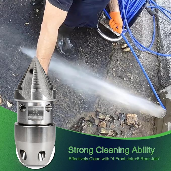 3/8 npt Sewer Jetter Nozzle for 2900 PSI, 70 L/min Pressure Washer - Stainless Steel, Quickly Rotating for Municipal Drain Pipe Cleaning