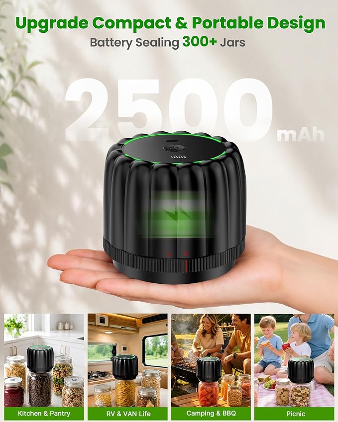 Electric Mason Jar Vacuum Sealer - Bunyta NEW Canning Vacuum Sealer Kit for Wide & Regular Mouth Mason Jars with 10 Lids, Auto-Stop Cordless Jar Sealer for Food Storage, Kitchen, Camping
